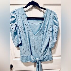 Cliché Light Blue Eyelet Puff Sleeve Blouse | Tie Front V-Neck Broderie Top- Lrg
